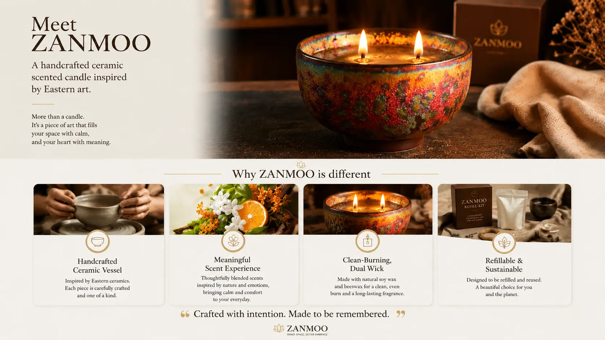 Zanmoo handcrafted ceramic candle features