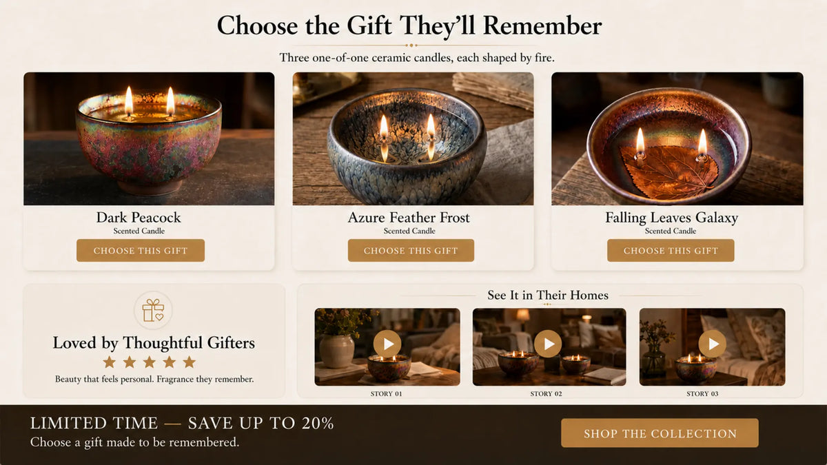 Three Zanmoo ceramic candles with customer stories and a limited-time offer